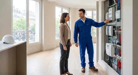 Un technicien qualifié en combinaison de travail et équipement de sécurité (casque) effectuant une intervention chez un client. La scène doit montrer une interaction positive et professionnelle avec le client à son domicile ou sur son lieu de travail, illustrant l'écoute, la confiance et le professionnalisme. Le contexte doit rester générique (ni exclusivement électricité, ni exclusivement plomberie, ni exclusivement panneaux solaires) pour refléter la polyvalence et l'approche "guichet unique" de l'entreprise. L'accent doit être mis sur la relation client, la disponibilité et l'expertise professionnelle.
