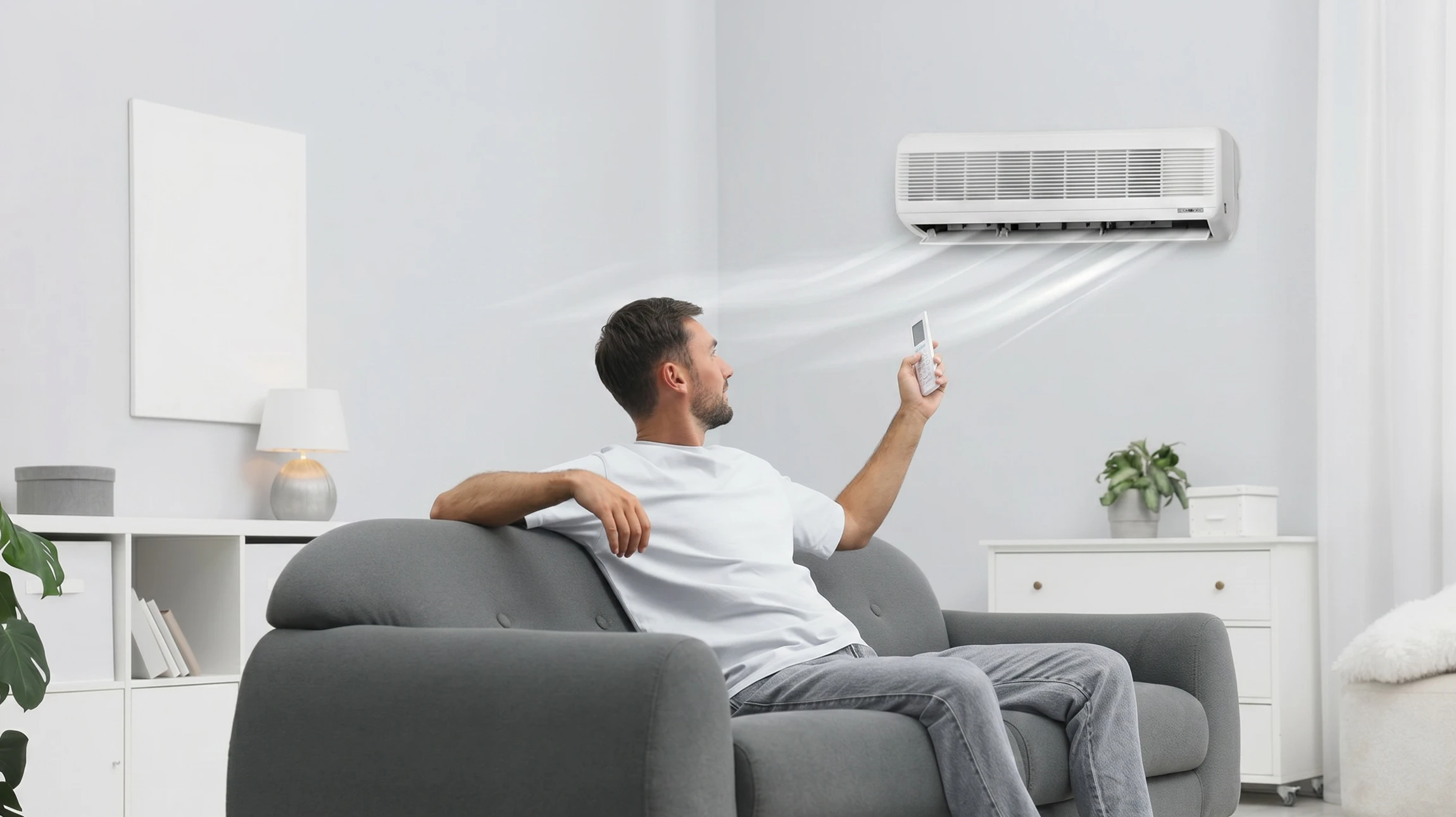 Extérieur résidentiel moderne avec unité de climatisation bi-split installée près d'une maison contemporaine aux façades sombre et claire, entourée de végétation et pelouse verte