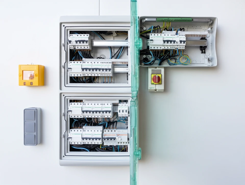 &Eacute;lectricien professionnel en tenue de travail avec gants blancs intervenant sur un tableau &eacute;lectrique industriel