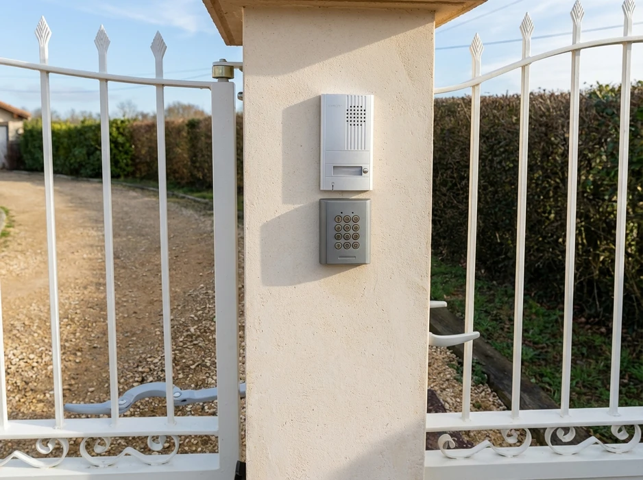 Tableau électrique encastré dans un mur en bois, visible derrière une porte à persiennes en bois naturel encadrée de jaune