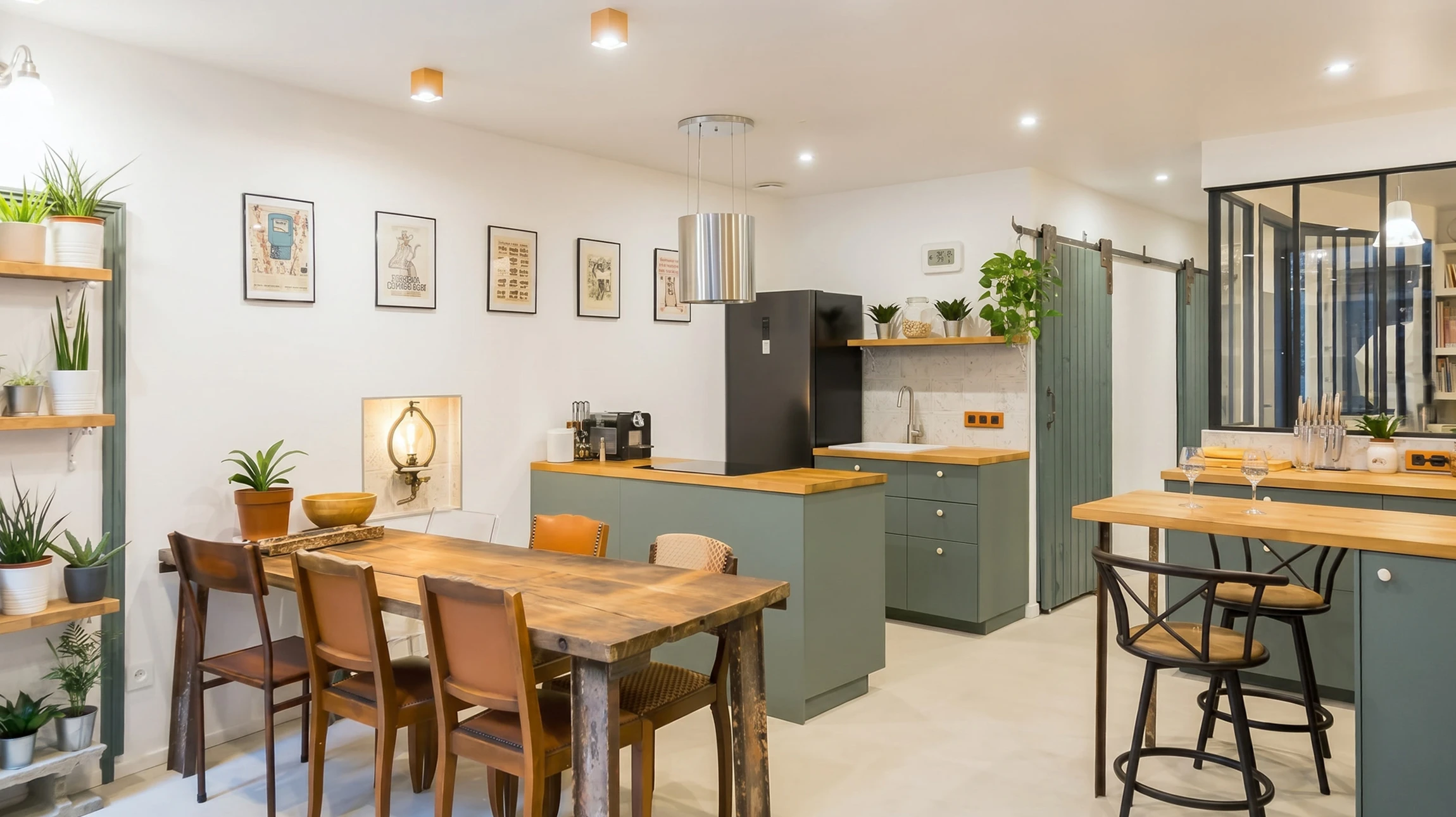 Cuisine ouverte moderne style industriel avec îlot central, plan de travail bois massif, façades vert sauge mat