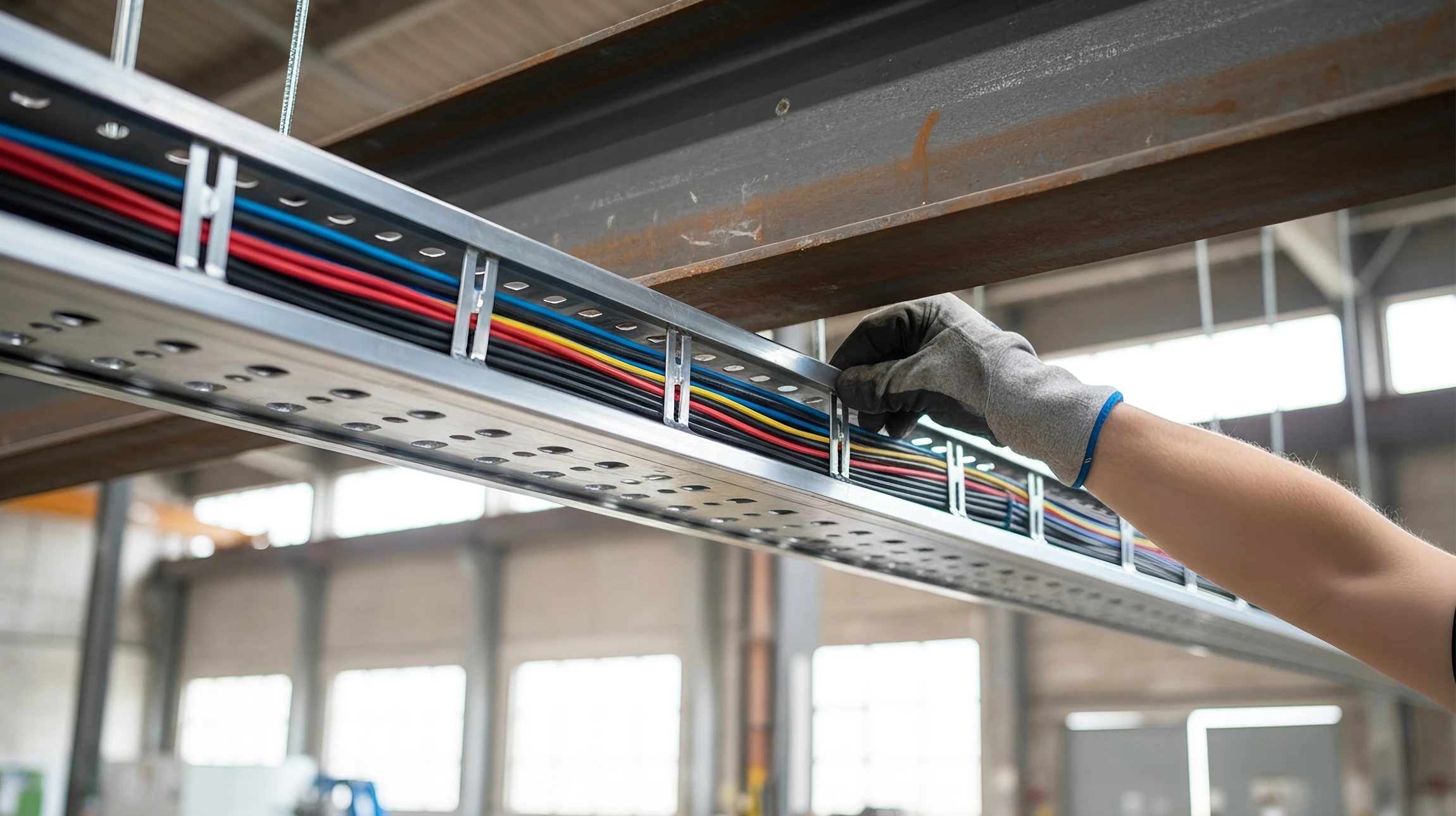 Un électricien travaille dans un tableau électrique ouvert, manipulant des fils avec un outil de précision